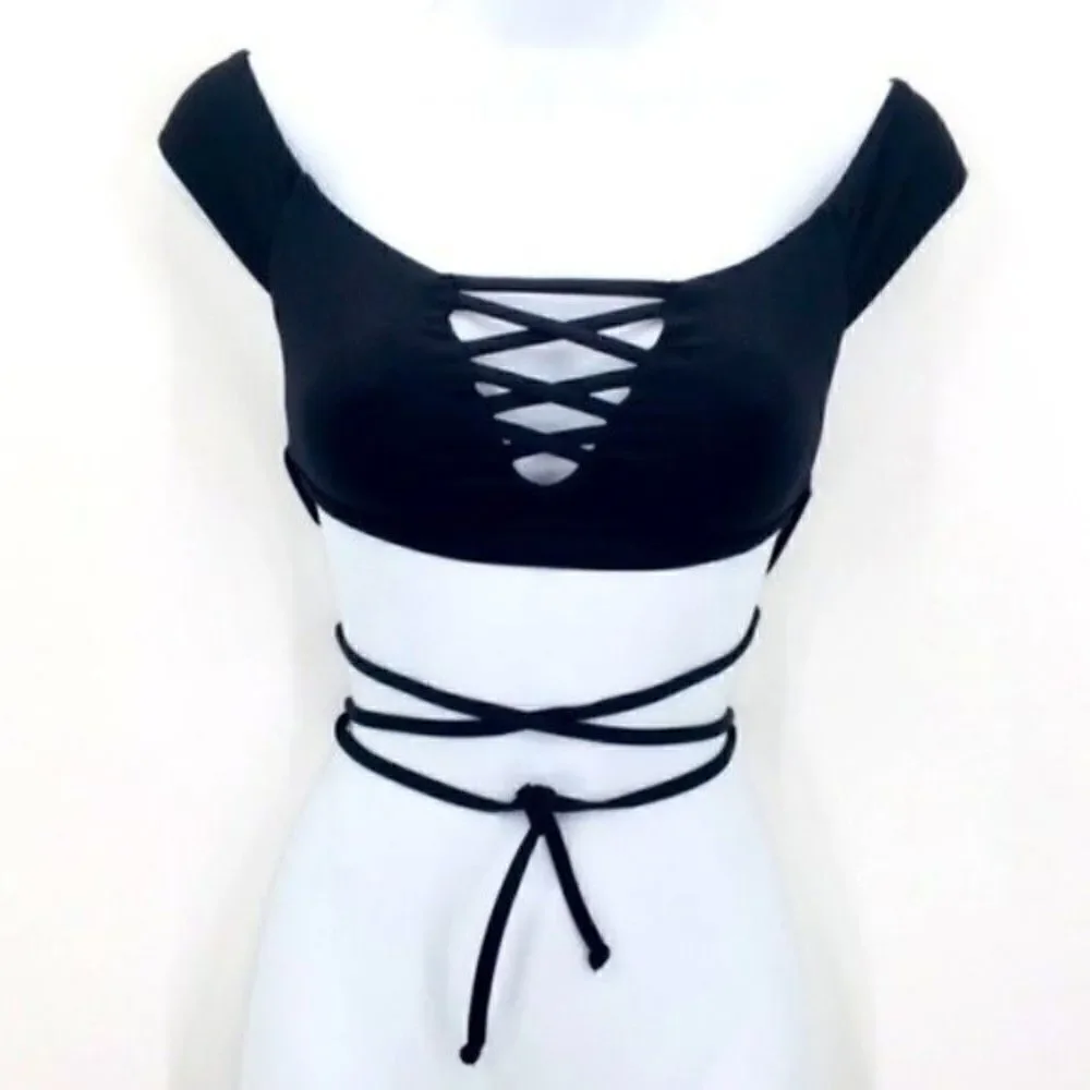 Frankie’s Bikinis black Shiloh off shoulder bikini top small BoxA